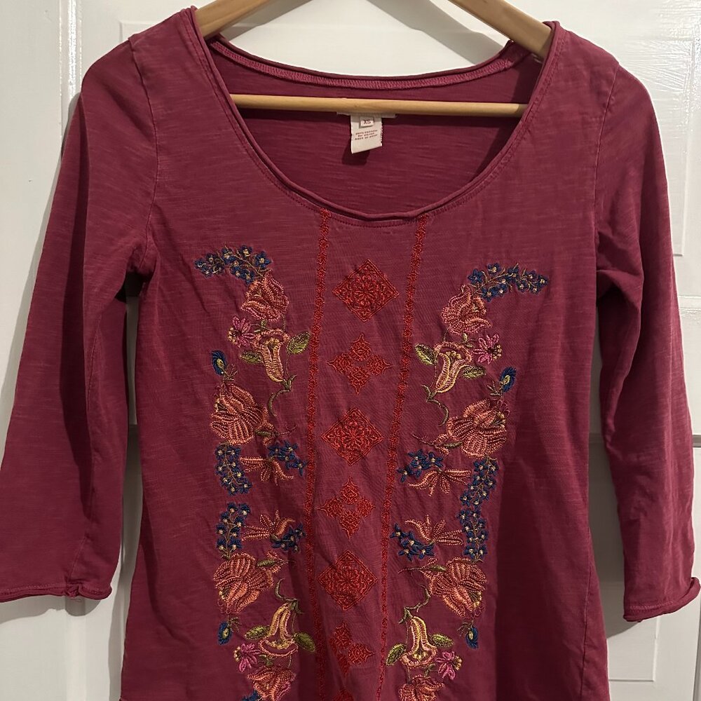 Sundance three quarter sleeve embroidered blossoms cotton shirt